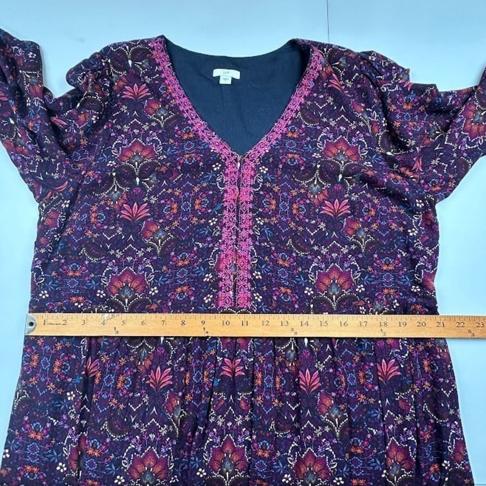 J Jill Dress Womens Large Purple Floral Embroidered Preppy Modest Peasant V Neck - Picture 12 of 14